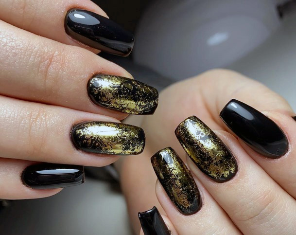 Golden Foil On Square Black Nails