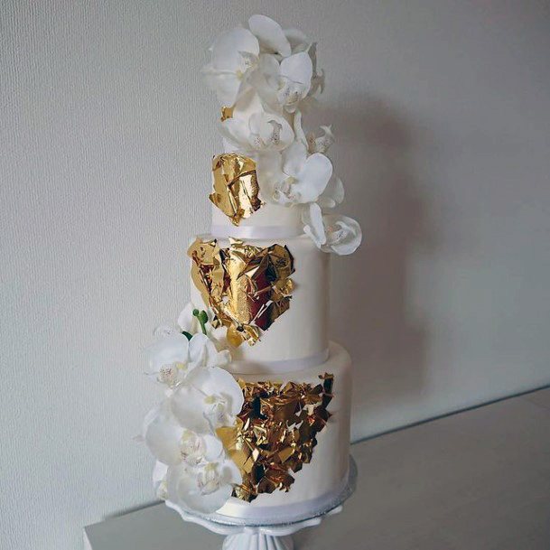 Golden Foil On White Wedding Cake