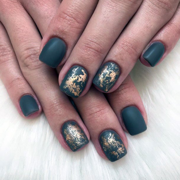 Golden Foils On Grey Nails Women