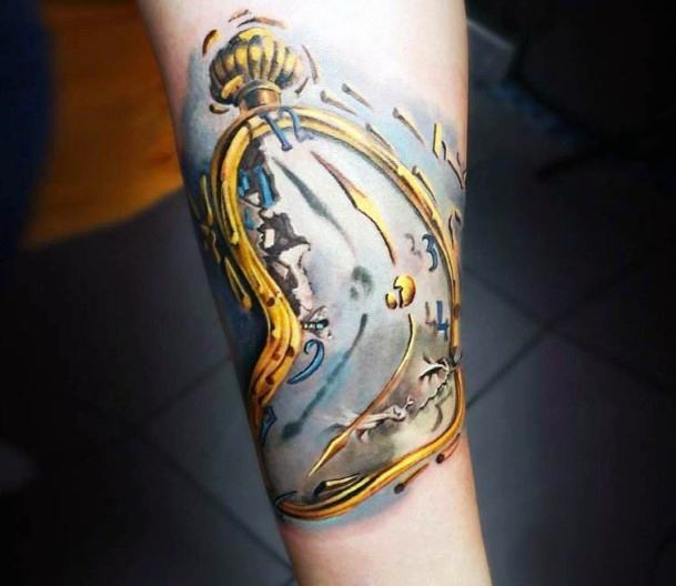 Golden Framed Clock Tattoo For Women