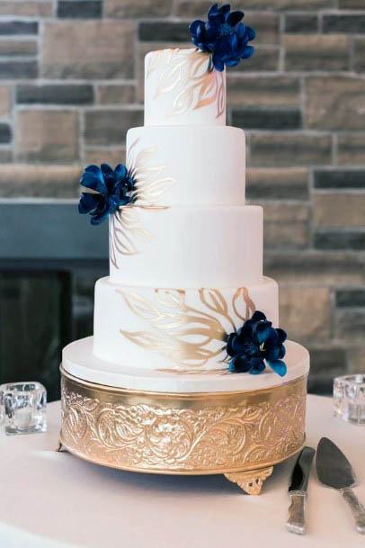 Golden Glazed Cake With Blue Flowers Wedding