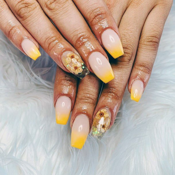 Golden Glitters And Yellow Ombre Nails Women