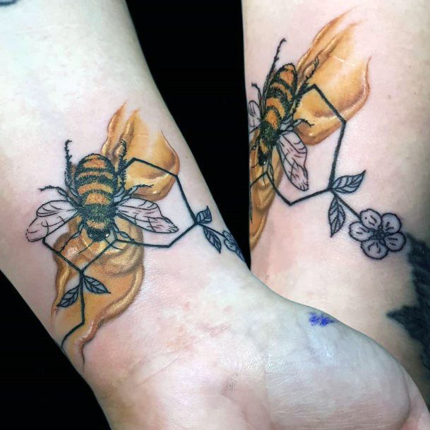 Golden Honey Bee Tattoo Womens Hands