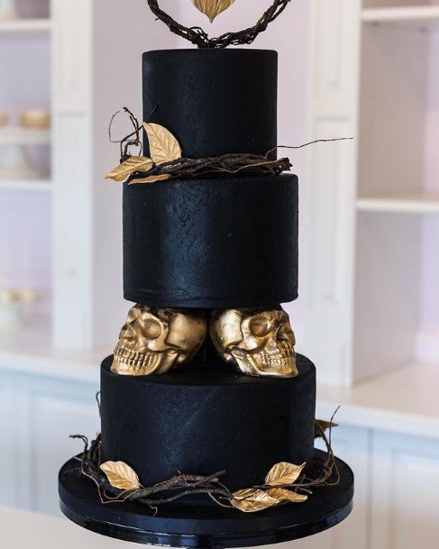 Golden Leaf And Skull Black Halloween Wedding Cakes