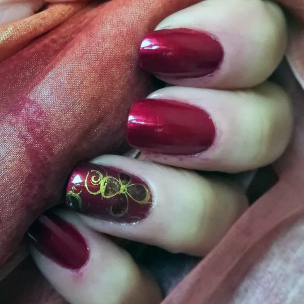 Golden Metallic Flower On Wine Red Nails Women