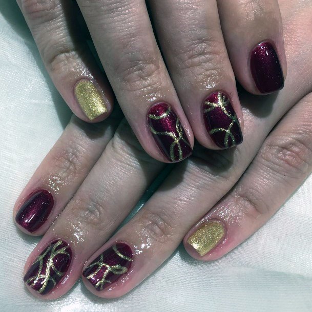 Golden Rope Design On Red Nails For Women