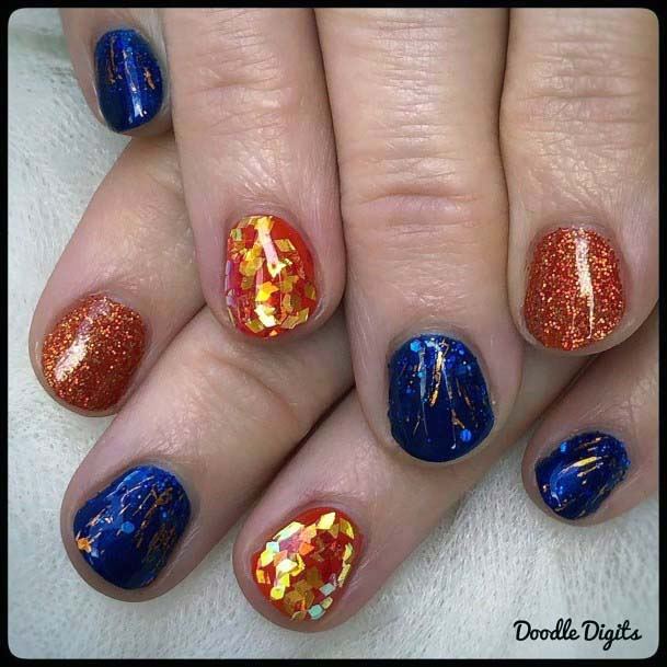 Golden Sequins Shiny Blue And Orange Nails For Women