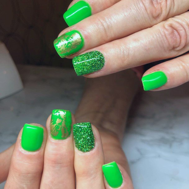 Golden Splashed Glittering Lime Green Nails
