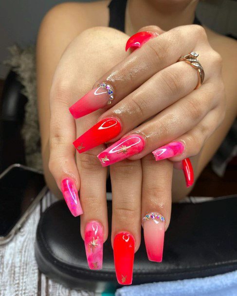 Golden Stars On Hot Pink Nails