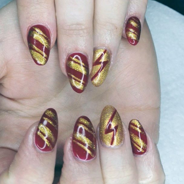 Golden Stripes On Red Nails Women