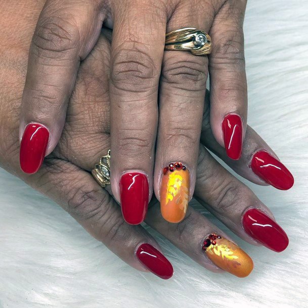 Golden Yellow Accent And Red Orange Nails For Women