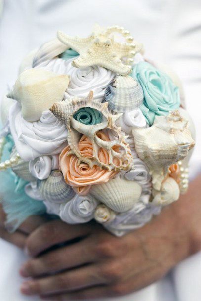Gorgeous Aqua And Coral Seashell Bouquet Beach Wedding Ideas