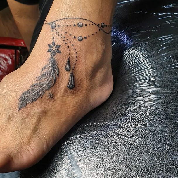 Gorgeous Beaded Feather Tattoo Womens Foot Art
