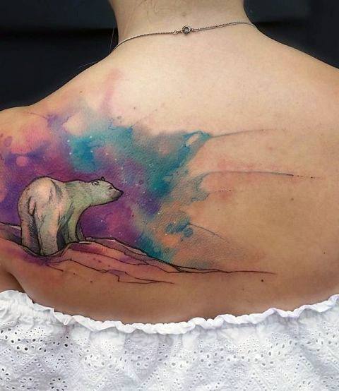 Gorgeous Bear Tattoo Womens Back Watercolor Sky