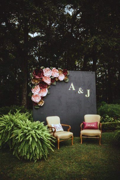 Gorgeous Black Blush Pink Floral Outdoor Wedding Backdrop Green Forest