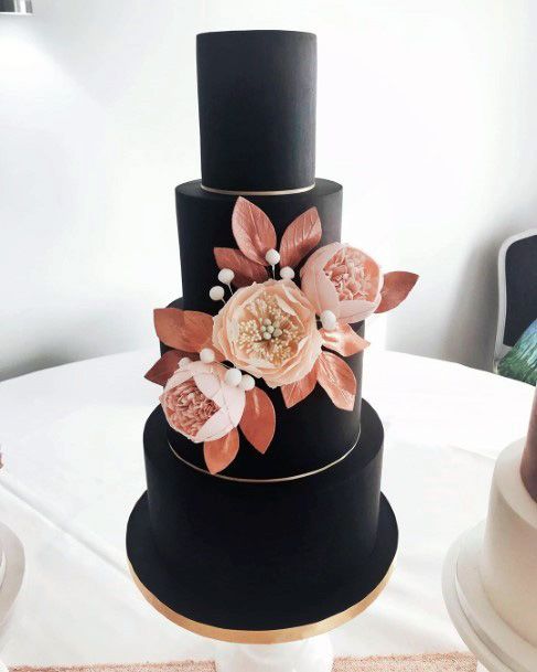 Gorgeous Black Wedding Cake Pink Flower Decoration Ideas