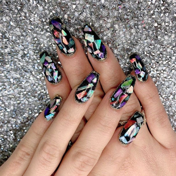 Gorgeous Black With Colored Designs Tile Effect Nails