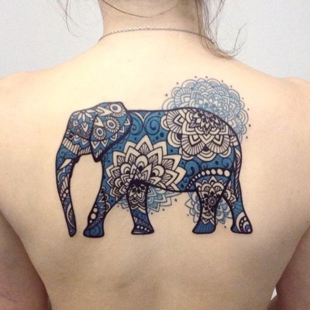 Gorgeous Blue Designed Elephant Tattoo Womens Back