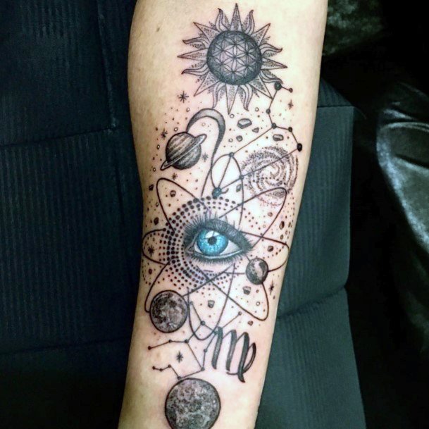 Gorgeous Blue Eye With Planets Tattoo For Women