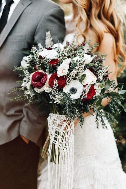 Gorgeous Bride Winter Wedding Bouquet Red White Greenery Ideas