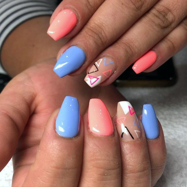 Gorgeous Bright Pastel Blue Pink Summer Triangle Nail Design For Ladies