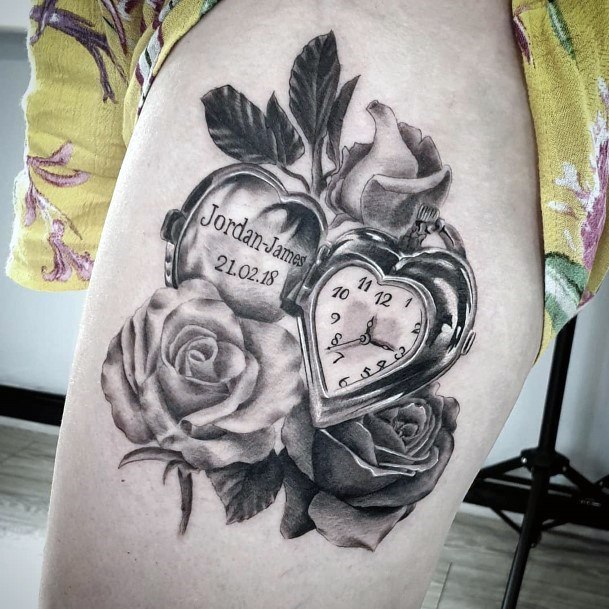Gorgeous Clock And Flowers Tattoo Womens Thighs