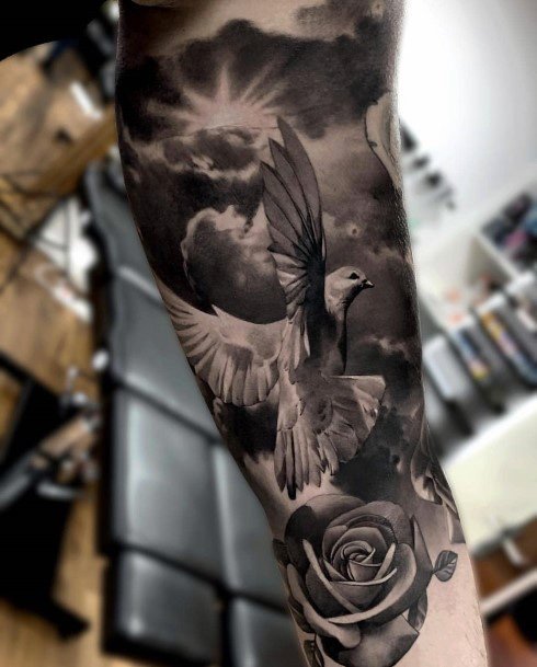 Gorgeous Dark Tattoo Roses And Dove For Women Realistic