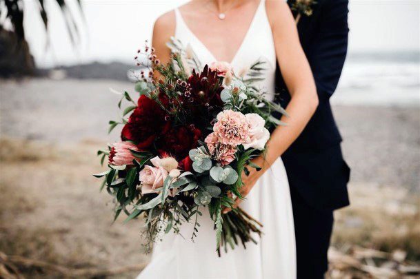 Gorgeous Deep Red Pink Emerald Greenery Bride Bouquet Inspiration Wedding