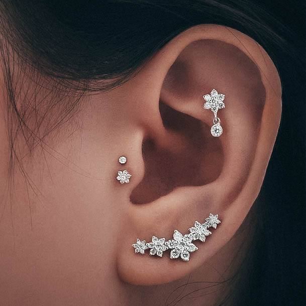 Gorgeous Floral Silver Bright Shiny Diamond Dangling Cartilage Ear Piercing Inspiration Ideas For Women