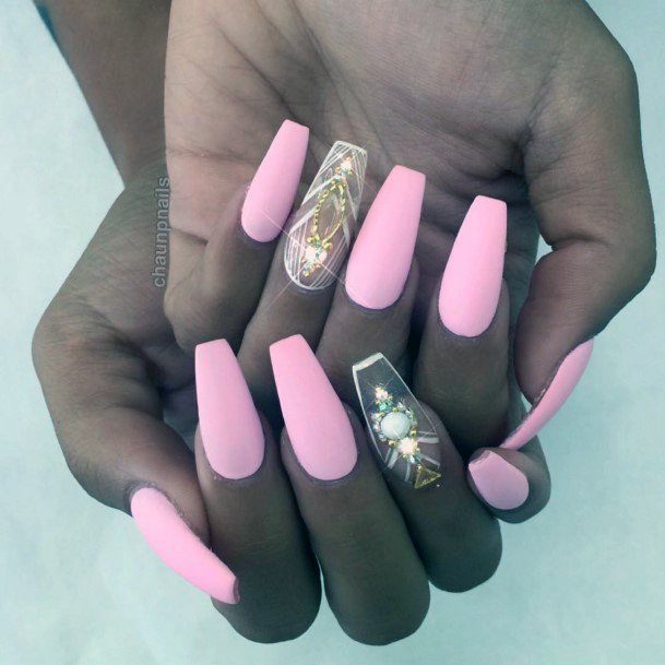 Gorgeous Glow Matte Pink And Rhinestones Nails Women