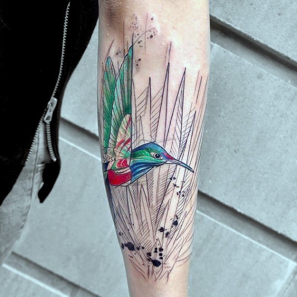 Gorgeous Green Hummingbird And Grass Tattoo Womens Hands