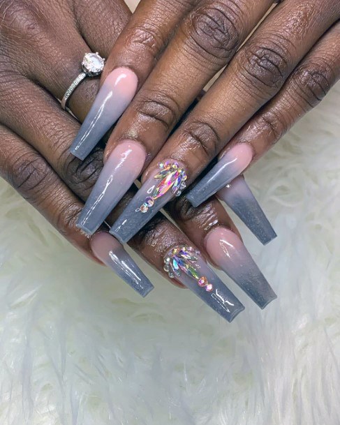 Gorgeous Grey Clear Ombre Ladies Nails Colorful Jewels Prom Nail Ideas