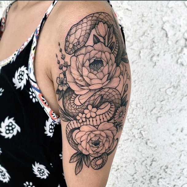 Gorgeous Grey Flowers And Snake Tattoo Womens Upper Arms