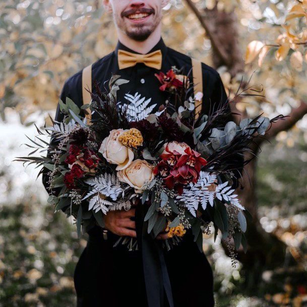 Gorgeous Halloween Floral Bouquet Soft Yellow Deep Red Greenery Wedding Ideas