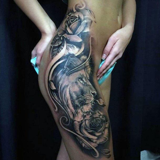 Gorgeous Lion And Roses Tattoo For Women