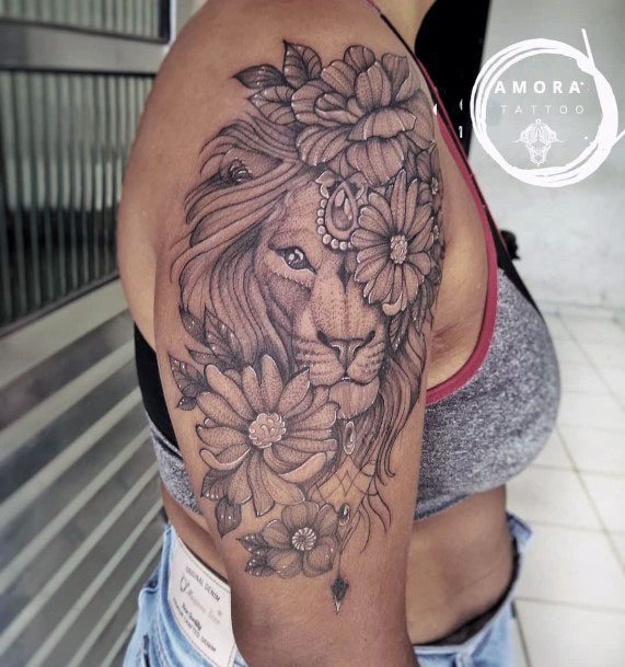 Gorgeous Lion With Flowers Tattoo Womens Arms
