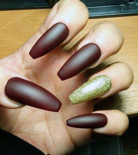 Gorgeous Long Coffin Shaped Matte Maroon Glittery Gold Nail Inspiration For Ladies