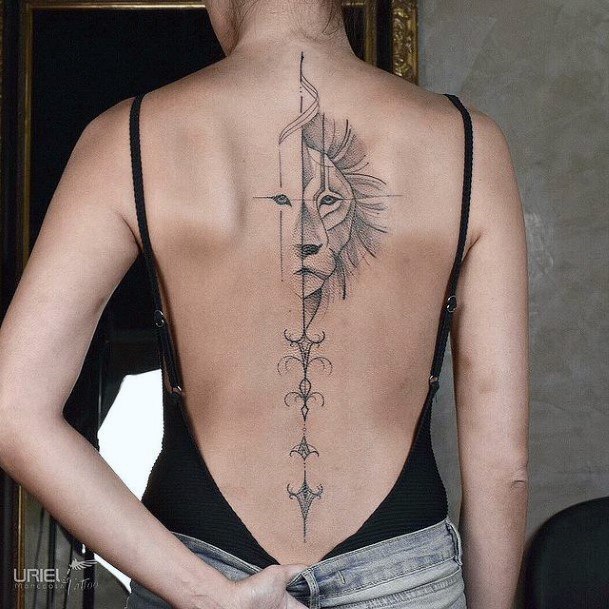 Gorgeous Long Lined Geometric Tattoo Lions Face Womens Back