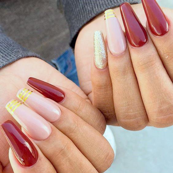 Gorgeous Long Maroon And Gold Nail Ideas For Women