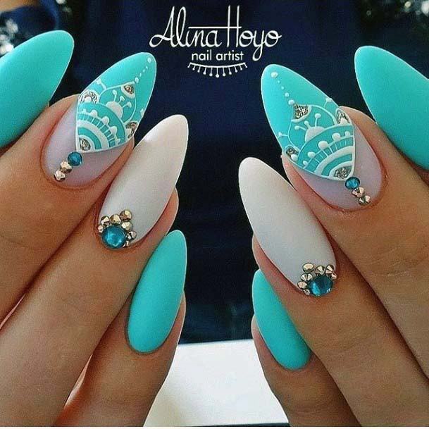 Gorgeous Mehendi White Art On Bright Blue Nails For Women