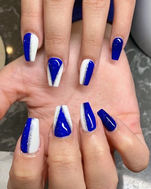 Gorgeous Navy Blue And White Geometric Art Nails For Women