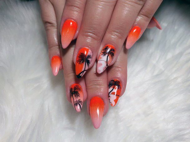 Gorgeous Ombre Nail Inspiration Almond Shape Orange White Palm Tree Nails For Women