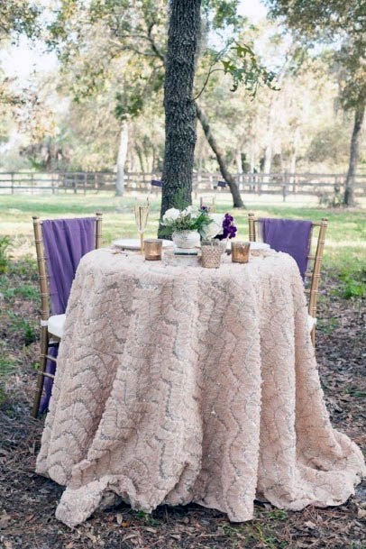 Gorgeous Outdoor Wedding Table White Cloth Purple Chair Curtain Decor Ideas