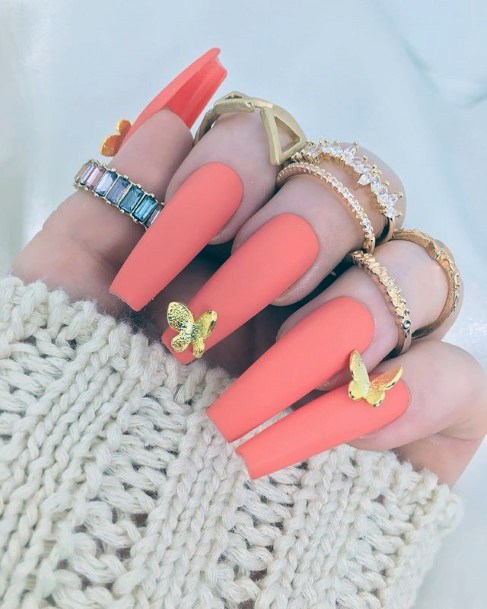 Gorgeous Peach April Nails Women With Gold Butterfly