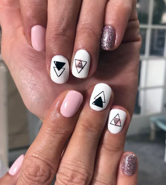 Gorgeous Pink Rose Gold Sparkly White Triangle Nail Design For Girls