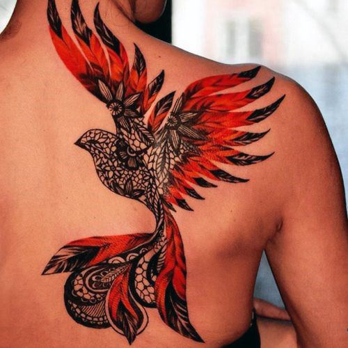 Gorgeous Red And Black Phoenix Tattoo Womens Back