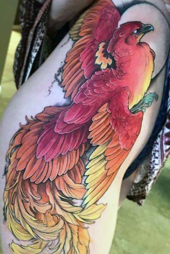 Gorgeous Red And Golden Phoneix Tattoo Women