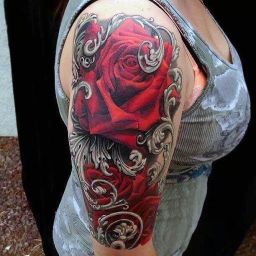 Gorgeous Red And Gray Tattoo Womens Arms