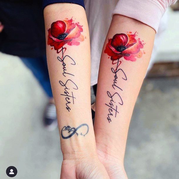 Gorgeous Red Floral Soul Sister Tattoo For Women