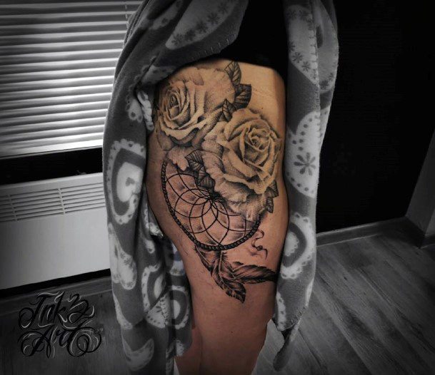 Gorgeous Roses And Dream Catcher Tattoo Womens Thighs